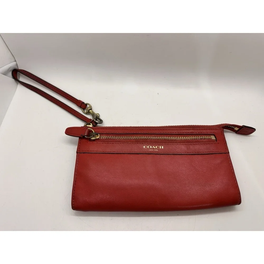 Coach Red Leather Wristlet Zip Pouch Clutch Gold Tone Wrist Strap